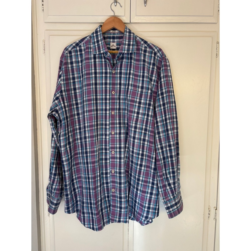 Peter Millar Mens XL Button Down Shirt Purple Teal Plaid Long Sleeve Cotton